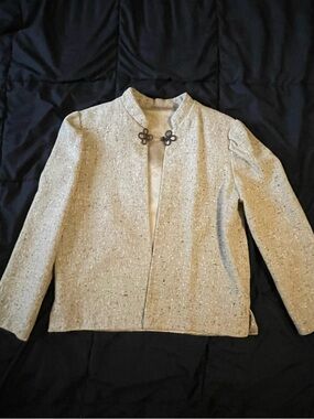 Cream Tweed Vintage 70s Stand-Collar Jacket with Decorative Knot Closures